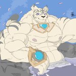 abs anthro biceps big_muscles blue_eyes fur hot_spring huge_muscles hyper hyper_muscles looking_at_viewer male muscular nipples pecs petals smile solo water white_body white_fur conditional_dnp dischimera xenoblade_(series) xenoblade_chronicles_2 dromarch felid mammal pantherine tiger 1:1