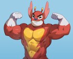 abs anthro biceps blue_background eyebrows flexing flexing_bicep flexing_both_biceps male muscular muscular_anthro muscular_male navel pecs pose red_body red_skin simple_background smile solo teeth white_body white_skin yellow_body yellow_skin shan_yao_jun disney lilo_and_stitch ace_(lilo_and_stitch) alien experiment_(lilo_and_stitch) 2022 digital_media_(artwork) hi_res