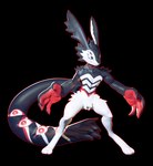 4_fingers anthro big_hands black_body black_fur crotch_tuft digitigrade fingers fur long_tail male multi_eye nude red_body red_fur small_waist smile solo striped_body striped_fur stripes tail tail_eye tuft white_body white_fur dragoon343 alien lagomorph leporid mammal rabbit 3d_(artwork) digital_media_(artwork) hi_res