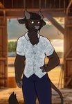 angus_bull anthro bottomwear brown_body brown_fur clothed clothing denim denim_bottomwear denim_clothing dress_shirt fur hair horn jeans looking_at_viewer male pants shirt smile solo tail topwear kawattame bovid bovine cattle mammal digital_media_(artwork) hi_res shaded