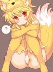 anus blush bottomless brown_eyes butt clothed clothing female fur genitals green_background looking_at_viewer mostly_nude open_mouth pussy question_mark simple_background sitting solo yellow_body yellow_fur tsuderou ragnarok_online moonlight_flower animal_humanoid canid canid_humanoid canine canine_humanoid fox_humanoid humanoid mammal mammal_humanoid 2019 censored