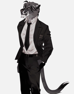anthro belt black_belt black_bottomwear black_clothing black_hair black_necktie black_pants black_topwear bottomwear cheek_tuft chin_tuft clothed clothing facial_tuft front_view fur grey_body grey_eyes grey_fur grey_hair hair hand_in_pocket male male_anthro mouth_closed multicolored_hair necktie pants pockets solo standing topwear tuft two_tone_hair white_clothing white_topwear justkiddinb nathaniel_evans felid mammal animated hi_res