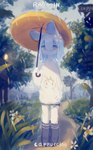 ambiguous_gender anthro clothed clothing flower fur grass hair holding_object holding_umbrella lights long_ears path plant raining solo tree umbrella white_body white_clothing white_fur white_hair yellow_eyes anamazingrdk lagomorph leporid mammal rabbit absurd_res hi_res