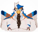 abs anthro blue_body blue_feathers body_hair brown_body brown_feathers chest_hair eyewear feathers glasses male nipples orange_body orange_feathers pecs smile solo white_body white_feathers monochrome_kg anothereidos_of_dragon_vein_r dion_(anothereidos_r) accipitrid accipitriform avian bird eagle hi_res