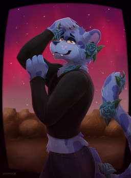 accessory anthro black_clothing blue_body blue_fur blush bottomwear claws clothed clothing detailed_background fangs flower flower_in_hair fur hair hair_accessory hand_on_head legwear male night outside plant sky smile solo space standing star starry_sky striped_body striped_fur stripes tail teeth topwear darkolynx felid feline felis mammal digital_media_(artwork) hi_res
