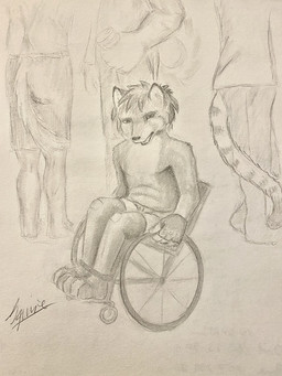 ambiguous_gender anthro clothed clothing disability fingerless_gloves fur gloves group handwear holding_object looking_down open_mouth plantigrade sitting standing vehicle wheelchair squireash canid canine felid feline mammal 3:4 graphite_(artwork) monochrome signature sketch traditional_media_(artwork)