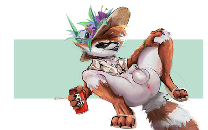 animal_genitalia anthro anus balls beverage beverage_can bottomless bottomless_anthro bottomless_male brown_body brown_fur can clothed clothing container feet fingers footwear fully_sheathed fur genitals hair holding_can holding_container holding_object looking_at_viewer lying male on_back sandals sheath shirt shoes simple_background smile solo spread_legs spreading tail teeth toes topwear sir_waska guardians_of_the_galaxy marvel marvel_rivals rocket_raccoon mammal procyonid raccoon absurd_res digital_media_(artwork) hi_res