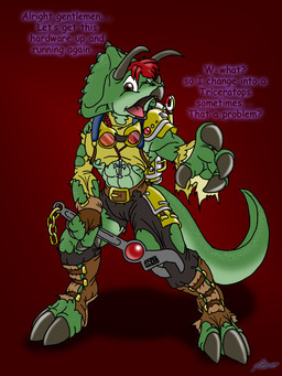 anthro armor belt bone_frill boots bottomwear brown_eyes claws clothing cross cross_necklace eyewear facial_horn footwear frill_(anatomy) goggles green_body holding_object holding_tool holding_wrench horn jewelry male necklace nose_horn pants red_background shirt shoes simple_background solo tail text toe_claws tools topwear transformation wrench catmonkshiro ceratopsian ceratopsid chasmosaurine dinosaur marginocephalian ornithischian prehistoric_species reptile scalie triceratops 3:4 english_text