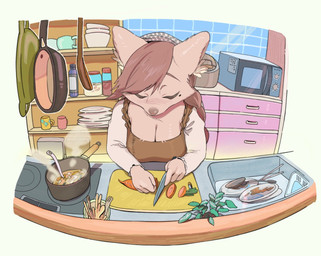 anthro appliance breasts brown_body brown_fur brown_hair carrot cleavage clothed clothing container cooking cooking_pot cookware cup cutlery cutting_board dirty_dishes dish female food frying_pan fur hair hair_to_side holding_food holding_object kerchief kitchen kitchen_appliance kitchen_cabinet kitchen_counter kitchen_knife kitchen_sink kitchen_stove kitchen_utensils knife long_hair long_sleeves looking_down microwave_oven mole_under_eye mug plant solo standing stove tools vegetable yuve2625 canid canine mammal hi_res