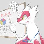 amber_eyes ambiguous_gender blush chart claws education eyewear female feral glasses goggles lanyard open_mouth pie_chart pince-nez simple_background solo text yellow_eyes aokabike nintendo pokemon generation_3_pokemon latias legendary_pokemon pokemon_(species) 1:1 japanese_text translated