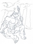 3_toes 5_fingers abs anthro barefoot big_muscles biped bulge claws clothed clothing ear_piercing feet fingers holding_object holding_weapon male muscular muscular_anthro muscular_male nipples piercing sitting skimpy solo thong toes topless underwear weapon cyran canid canine canis mammal wolf black_and_white hi_res monochrome