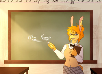 anthro blue_eyes bow_tie chalk chalkboard clipboard clothing cursive eyewear female fur glasses hair orange_body orange_fur orange_hair school school_uniform solo text uniform fruitlooms jane_kruger lagomorph leporid mammal rabbit