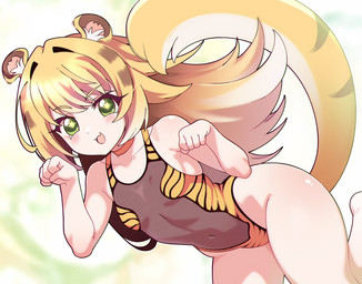 blonde_hair breasts clothing collarbone eyebrows eyelashes female green_eyes hair long_hair navel one-piece_swimsuit open_mouth small_breasts solo swimwear tail erigod71 mihoyo zenless_zone_zero ju_fufu animal_humanoid felid felid_humanoid humanoid mammal mammal_humanoid pantherine pantherine_humanoid thiren tiger_humanoid 2026 hi_res