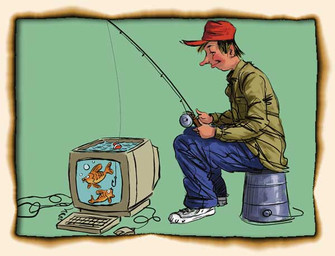 ambiguous_gender brown_hair bucket computer container electronics feral fishing group hair holding_object humor male monitor phishing pun unknown_artist aquatic fish human mammal