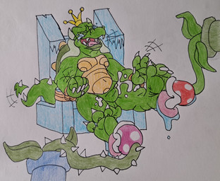 3_toes ambiguous_gender anthro bdsm belly bodily_fluids bondage bound chair crying crying_laughing cuff_(restraint) ejaculation feet foot_fetish foot_focus foot_lick furniture green_body group hands-free laugh licking male orgasm overweight plant restraints saliva soles spikes spikes_(anatomy) tail tail_motion tailwag tears throne tickle_torture ticklegasm tickling toes tongue trio barazany420 mario_bros nintendo king_koopa elemental_creature flora_fauna koopa piranha_creeper piranha_plant scalie hi_res
