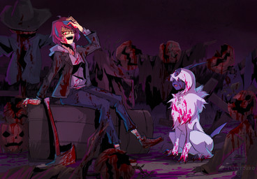 axe blood blue_body blue_bottomwear blue_clothing blue_jeans blue_pants bodily_fluids bottomwear claws clothing cross cross_necklace denim denim_bottomwear denim_clothing digitigrade duo eyes_closed eyewear female feral finger_claws food footwear fruit fur glasses hair hay hay_bale jack-o'-lantern jeans jewelry laugh melee_weapon necklace open_mouth open_smile pants pink_hair plant pumpkin scarecrow shoes short_hair sitting smile toe_claws torn_clothing weapon white_body white_fur tenebscuro nintendo pokemon white_fang_(tenebscuro) zoisite_yukon absol generation_3_pokemon human mammal pokemon_(species) absurd_res hi_res huge_filesize shaded