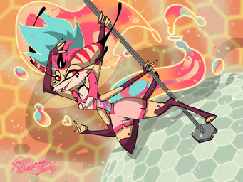 4_arms anthro bottomwear clothing disco_ball female fur hair insect_wings lidded_eyes multi_arm multi_limb multicolored_body multicolored_fur multicolored_hair pole shorts solo text tongue tongue_out wings rillunax hellaverse helluva_boss queen_bee-lzebub_(helluva_boss) arthropod canid canine demon fox hybrid insect mammal 2023 4:3 artist_name hi_res signature watermark