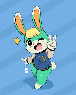 anthro blonde_hair clothed clothing gesture hair hand_gesture jacket looking_at_viewer male one_eye_closed open_mouth open_smile scut_tail short_tail smile solo tail topwear v_sign wink joaoppereiraus animal_crossing nintendo sasha_(animal_crossing) lagomorph leporid mammal rabbit 2021 absurd_res digital_media_(artwork) hi_res lol_comments shaded signature