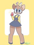 anthro belt beverage beverage_can biped blue_clothing blue_dress brown_body brown_fur clothed clothing dress female fur hooves horn simple_background smile soda solo sweater topwear yellow_background yellow_clothing yellow_sweater yellow_topwear aiyhav_nouneim bepis oakley_(aiyhav_nouneim) deer mammal full-length_portrait hi_res portrait