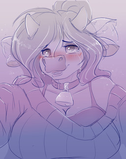 blush bodily_fluids bra breasts cleavage clothed clothing collar cowbell ear_flick female horn solo sweater tears topwear underwear ardail mocha_latte_(ardail) bovid bovine cattle mammal absurd_res hi_res restricted_palette
