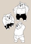 anthro bottomwear bulge clothed clothing eyes_closed eyewear facial_hair glasses kemono male mature_male mustache open_clothing open_shirt open_topwear pants shirt simple_background solo stretching topwear underwear undressing gadoran dragon_ball king_furry canid canine canis domestic_dog mammal 2024 hi_res monochrome