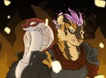 anthro armor duo female fire gold_markings male male/female markings piercing white_body aether_stripes kiari_templaris zivvles cobra felid mammal pantherine reptile scalie snake tiger