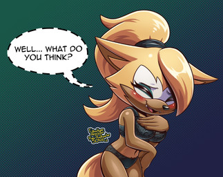 5_fingers anthro big_breasts black_nose blonde_hair blush bra breasts clothed clothing dialogue eyes_closed facial_markings fangs female fingers hair halftone_background hand_on_breast head_markings head_tuft lingerie long_hair markings mask_(marking) navel open_mouth open_smile panties pattern_background ponytail simple_background smile solo speech_bubble teeth text tuft underwear ultrahyper idw_publishing sega sonic_the_hedgehog_(comics) sonic_the_hedgehog_(idw) sonic_the_hedgehog_(series) whisper_the_wolf canid canine canis mammal wolf 2021 alternate_version_at_source english_text halftone hi_res signature