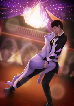 ambiguous_gender ballroom bashful blush brown_eyes brown_hair clothed clothing dancing detailed_background duo eye_contact feral fur hair looking_at_another male male/ambiguous prom purple_body purple_fur red_eyes romantic romantic_couple semi-anthro smile tail vm94 nintendo pokemon generation_5_pokemon human mammal mienshao mustelid pokemon_(species) 2026 absurd_res digital_drawing_(artwork) digital_media_(artwork) digital_painting_(artwork) hi_res huge_filesize painting_(artwork) shaded signature story story_in_description warm_colors female_(lore)
