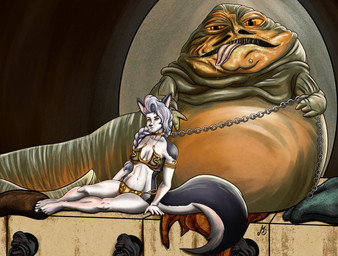 anthro bodily_fluids braided_hair chain chain_leash clothing collar costume drooling duo female fur grey_body grey_fur hair larger_male leash male male/female saliva size_difference slave slave_leia_costume slime tail white_body white_fur revy_lagoon hellaverse helluva_boss mythology star_wars jabba_the_hutt loona_(helluva_boss) alien canid canid_demon canine demon hellhound hutt mammal mythological_canine mythological_creature crossover