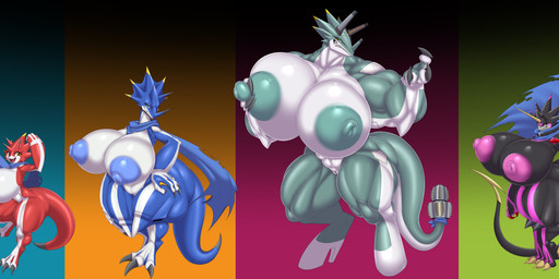 anthro areola biceps big_areola big_breasts big_butt big_nipples black_breasts blue_areola blue_nipples breasts butt female genitals green_areola green_nipples group horn huge_breasts huge_butt huge_hips huge_thighs hyper hyper_breasts looking_at_viewer multicolored_body muscular muscular_anthro muscular_female nipple_fetish nipple_pinch nipple_play nipples nude open_mouth pinch pink_areola pink_nipples purple_areola purple_nipples scarf smile thick_thighs two_tone_body vulva white_breasts wide_hips yellow_eyes ber00 bandai_namco digimon betelgammamon digimon_(species) gulusgammamon kausgammamon wezengammamon absurd_res hi_res