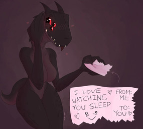 2_horns 6_eyes anthro big_hands black_background black_body blush blush_lines breasts claws creepy curvy_figure featureless_breasts female flirting flirting_with_viewer hand_on_neck heart_symbol holidays horn hourglass_figure long_neck medium_breasts multi_eye multicolored_body no_sclera pupils red_eyes sharp_teeth shy simple_background solo tail teeth text thick_thighs tongue tongue_out two_tone_body valentine's_day_card nohaytroblemo valentine's_day monster 2026 digital_drawing_(artwork) digital_media_(artwork) english_description english_text hi_res signature