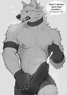 abs anthro big_penis bodily_fluids bottomwear breath bulge clothing cum cum_in_clothing cum_through_clothing cumshot dialogue ejaculation erection erection_under_clothing fangs fingerless_gloves fur genital_fluids genitals gloves hands-free handwear male nipple_fetish nipple_play nipples panting pecs penis shorts simple_background solo teeth text wet wet_clothing kojiray canin canid canine canis mammal wolf digital_drawing_(artwork) digital_media_(artwork) english_text hi_res monochrome