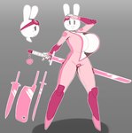 anthro big_breasts breasts cleaver_(weapon) clothed clothing eyewear female gesture goggles grey_background heart_symbol holding_katana holding_melee_weapon holding_object holding_sword holding_weapon jumpsuit katana markings melee_weapon mole_(marking) mole_on_cheek motor open-mouth_smile open_mouth pink_clothing pink_jumpsuit salute simple_background simple_face smile solo suit sword weapon angstrom vivi_(angstrom) lagomorph leporid mammal rabbit space_bunny 2020 digital_media_(artwork) hi_res