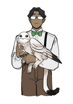 ambiguous_gender bottomwear bow_tie clothing duo eyewear feathered_wings feathers feral glasses hair male pants shirt smile suspenders tail topwear wings starfleetrambo mythology edward_(starfleetrambo) avian gryphon human mammal mythological_avian mythological_creature hi_res