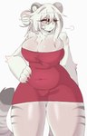 anthro big_breasts bodily_fluids breasts bulge clothed clothing dress female front_view fur hair slightly_chubby solo sweat sweatdrop thick_thighs tight_clothing white_body white_fur white_hair hachikxma felid mammal pantherine tiger hi_res