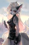 anthro belt bottomwear city city_background cityscape clothing female fishnet_clothing fishnet_leggings fishnet_legwear fishnet_topwear fur grey_body grey_fur leggings legwear notched_ear red_eyes shirt shorts smoke smoke_from_mouth smoking solo standing topwear vape vaping white_body white_fur axxxel helluva_boss mythology loona_(helluva_boss) canid canid_demon canine canis demon hellhound mammal mythological_canine mythological_creature wolf hi_res