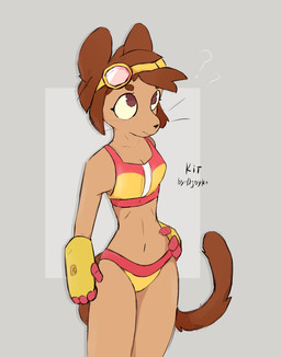 anthro bikini bikini_bottom black_nose breasts brown_hair clothed clothing eyewear eyewear_on_head female flat_chested glasses goggles goggles_on_head hair navel question_mark short_hair skinny skinny_female small_breasts solo swimwear two-piece_swimsuit wearing_glasses whiskers =djoyk= gameoverse glitch_productions kit_bodega domestic_cat felid feline felis mammal hi_res