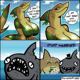 4_panel_comic accessory anthro banner big_breasts blush blush_lines breasts butt cleavage clothed clothing cloud dialogue dress duo female feral fin flower gills green_clothing green_dress green_headband grey_body grey_skin hat headband headgear headwear huge_breasts humor male male/female partially_submerged plant scar sea slim_female small_waist smile snout speech_bubble tail text text_box top_hat water wedding yellow_body yellow_eyes yellow_skin mister_feelgood mewgenics daddy_shark_(mewgenics) aquatic fish lemon_shark requiem_shark shark 1:1 2026 absurd_res comic english_text hi_res