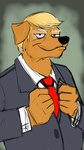 anthro bird_dog black_nose blonde_hair canid canine canis clothing domestic_dog donald_trump fur golden_retriever grey_clothing grey_suit hair hand_on_chest hunting_dog male mammal necktie politics red_necktie retriever shirt smug solo suit tan_body tan_fur topwear unknown_artist white_clothing white_shirt white_topwear