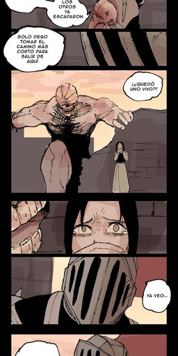 armor blood bodily_fluids female group headgear helmet knight macro male outside shoulder_scar sky teeth text trio warrior darkus_art human humanoid mammal monster comic hi_res spanish_text translation_request