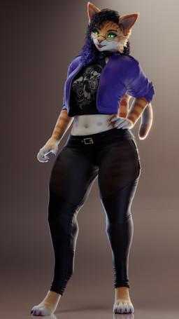 anthro black_hair bottomwear claws clothing curly_hair eyebrow_piercing eyewear facial_piercing fangs fur glasses gradient_hair green_eyes gynomorph hair intersex jacket looking_at_viewer nose_piercing orange_body orange_fur pants paws piercing purple_claws purple_hair striped_body striped_fur stripes teeth topwear rinny rinny_(character) domestic_cat felid feline felis mammal tabby_cat 3d_(artwork) 9:16 absurd_res digital_media_(artwork) hi_res trans_(lore) trans_woman_(lore)