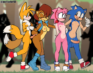2_tails accessory ambiguous_gender anthro areola balls being_watched blush bodily_fluids boots clothing erection exhibitionism female footwear genital_fluids genitals gesture gloves group hair_accessory hairband hand_gesture handwear humanoid_genitalia humanoid_penis looking_at_another male multi_tail navel nipples outside pecs penis penis_on_butt precum public public_nudity shoes smile sneakers standing tail text thumbs_up topwear vest justtaylor sega sonic_the_hedgehog_(series) amy_rose miles_prower sally_acorn sonic_the_hedgehog canid canine chipmunk eulipotyphlan fox ground_squirrel hedgehog mammal rodent sciurid english_text flat_colors hi_res watermark