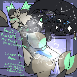 animal_genitalia animal_penis annoyed antennae_(anatomy) anthro anthro_on_feral areola ball_sniffing balls balls_on_face bestiality big_areola big_balls big_breasts big_penis big_tail black_body black_fur blue_penis blush blush_lines bodily_fluids breast_play breasts chair computer computer_keyboard computer_monitor confusion constellation_markings desk dialogue diamond_(marking) drooling duo electronics eyes_closed feline_genitalia feline_penis female feral flustered fur furniture genital_fluids genitals green_blush green_markings grey_body grey_fur hair holding_breast huge_balls huge_penis hyper hyper_genitalia hyper_penis long_hair looking_at_another looking_at_genitalia lying lying_on_desk male male/female markings musk musk_cloud musky_balls musky_penis on_chair open_mouth penile_spines penis precum profanity purring question_mark saliva sex sitting sitting_on_chair sniffing sound_effects squish_(sound_effect) star_(marking) table tail tail_mouth tan_body tan_fur tan_markings text titfuck unusual_anatomy unusual_tail white_markings midnightpurrs aepher_(midnightpurrs) astro_(projectastro) anglerfish domestic_cat felid feline felis fish mammal marine 1:1 english_text hi_res