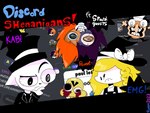 anthro blonde_hair bloodshot_eyes clothing female group hair hat headgear headwear male orange_hair purple_hair top_hat pomm_romm discord_(app) petscop pizza_tower touhou guardian_(petscop) marisa_kirisame matador_(petscop) peppino_spaghetti pommel_(pomm_romm) domestic_cat felid feline felis human mammal 4:3 hi_res