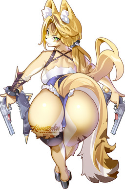 anthro back_boob bent_over big_butt blonde_hair breasts butt clothing crossed_legs dual_wielding eyebrows eyelashes female fur glistening glistening_butt green_eyes gun hair handgun holding_object holding_weapon inner_ear_fluff looking_back neck_tuft ponytail presenting presenting_hindquarters ranged_weapon revolver solo thigh_gap thigh_strap tuft weapon white_body white_fur yellow_body yellow_fur hotvr_(artist) mihoyo zenless_zone_zero pulchra_fellini felid feline felis mammal thiren 2025 hi_res
