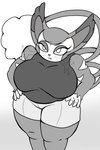 2023 anthro belly big_breasts biped bottomwear breasts clothed clothing curled_tail cute_fangs eyebrows fangs felid feline female generation_4_pokemon greyscale half-closed_eyes hand_on_hip hi_res lidded_eyes long_tail mammal monochrome narrowed_eyes nintendo overweight overweight_anthro overweight_female pokemon pokemon_(species) pokemorph portrait purugly raised_eyebrow shirt shorts simple_background solo standing tail tail_tuft tank_top teeth thick_thighs three-quarter_portrait topwear tuft whiskers white_background yozothescribe