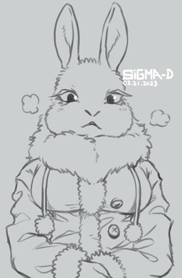 anthro breasts breath clothed clothing coat dewlap_(anatomy) eyelashes female front_view fur looking_at_viewer neck_tuft simple_background solo topwear tuft winter_clothing sigma-d lagomorph leporid mammal rabbit 2023 dated digital_media_(artwork) hi_res monochrome portrait