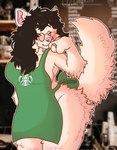 anthro apron apron_only barista big_breasts breasts censored_breasts censored_genitalia clothed clothing coffee_shop dark_hair eyewear female fluffy fluffy_tail food_service freckles glasses hair logo_on_clothing long_hair mostly_nude partially_clothed photo_background ring slightly_chubby solo tail thick_thighs wide_hips thunder4361 starbucks atlas_(thunder4361) canid canine canis mammal wolf absurd_res censored hi_res meme photography_(artwork)