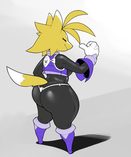 anthro big_butt bodysuit boots breasts butt clothed clothing curvy_figure eyes_closed female footwear fur gesture hand_gesture head_tuft huge_thighs jacket latex latex_clothing latex_skinsuit pointing pointing_at_self shoes side_boob simple_background skinsuit smile smirk solo standing thick_thighs thong tight_clothing topwear tuft underwear voluptuous yellow_body yellow_fur conditional_dnp daserfomalhaut canid canine fox mammal 5:6 hi_res