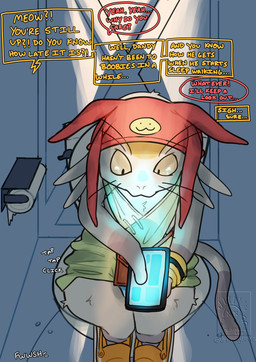 anthro bottomless cellphone clothed clothing dialogue electronics footwear green_clothing green_topwear hat headgear headwear machine male offscreen_character onomatopoeia phone phone_screen shoes sitting sitting_on_toilet smartphone sound_effects text toilet toilet_paper topwear drstrangeluvve space_dandy meow_(space_dandy) qt_(space_dandy) betelgeusian mammal robot english_text hi_res